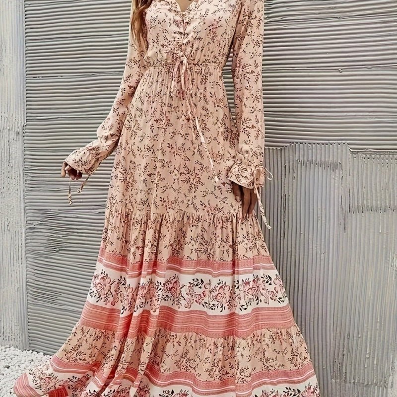 Women's Floral V-Neck Maxi Dress - Long Sleeve, Tiered Ruffle Hem, Drawstring Detail, Machine Washable - Perfect for All Seasons