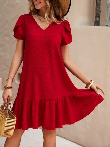 Chic Ruffle Hem V Neck Loose Fit Dress - Women's Casual Short Sleeve Dresses for Spring & Summer - Breathable, Comfortable, and Flattering Clothing for Ladies