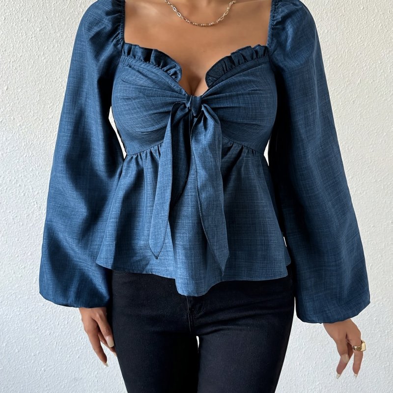 Women's High-Quality Ruffled Collar Tie-Waist Long Sleeve Blue Shirt Top - Elegant Polyester Fabric, Solid Color, Low Neck - For Spring\u002FAutumn Season - Adult Size - Woven Knit - Perfect for Work & Casual Occasions