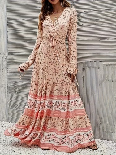 Women's Floral V-Neck Maxi Dress - Long Sleeve, Tiered Ruffle Hem, Drawstring Detail, Machine Washable - Perfect for All Seasons