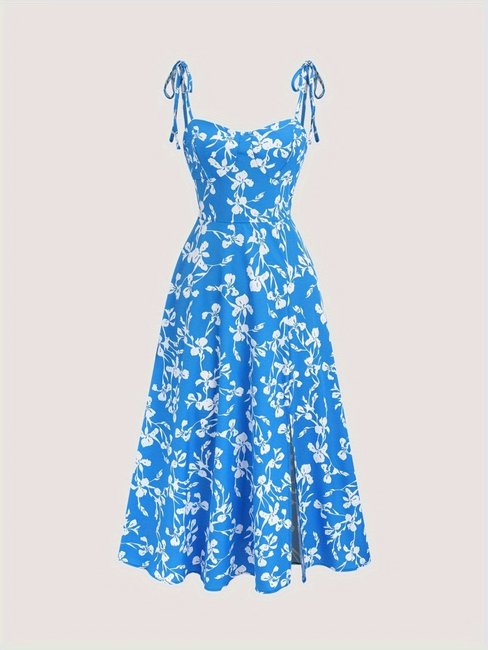 Chic Y2K Floral Off-Shoulder Midi Dress for Women - Blue with White Flowers, Tie-Detail Straps, Polyester, Machine Washable - Perfect for Summer