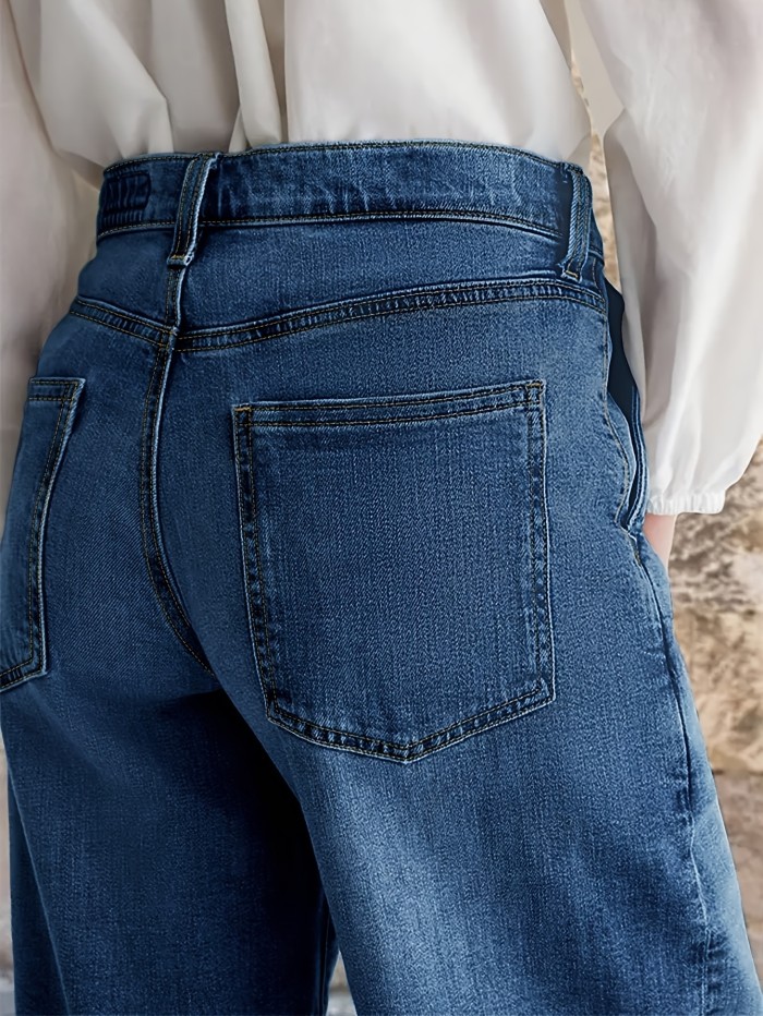 Ladies' Casual Loose Denim Wide Leg Pants, With A Built-in Zipper At The Mid Waist And Durable Practical Pockets For Comfortable Daily Wear
