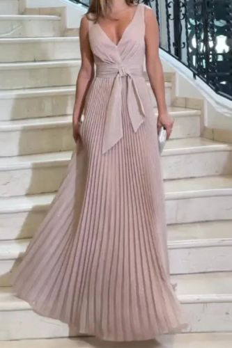 Fashionable and Elegant Solid Color V-Neck High Waist Pleated Party Sleeveless Dress