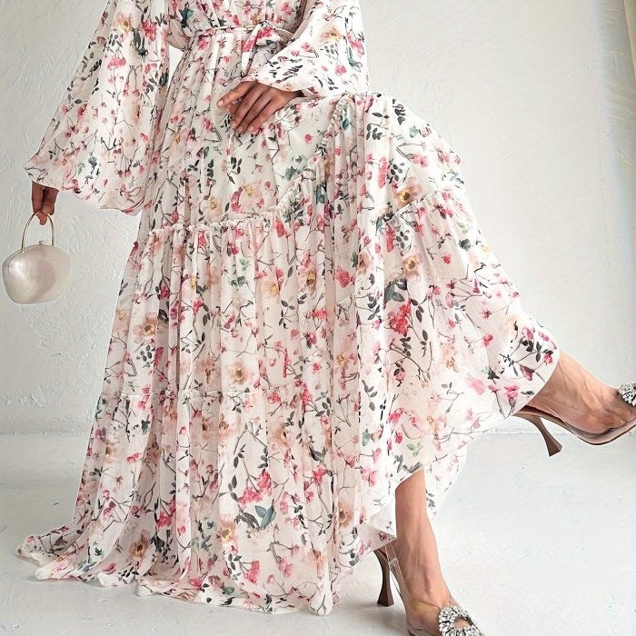 Women's Floral Maxi Kaftan Dress - Elegant Long Sleeve Design, Comfortable Crew Neck, Perfect for Casual and Formal Occasions