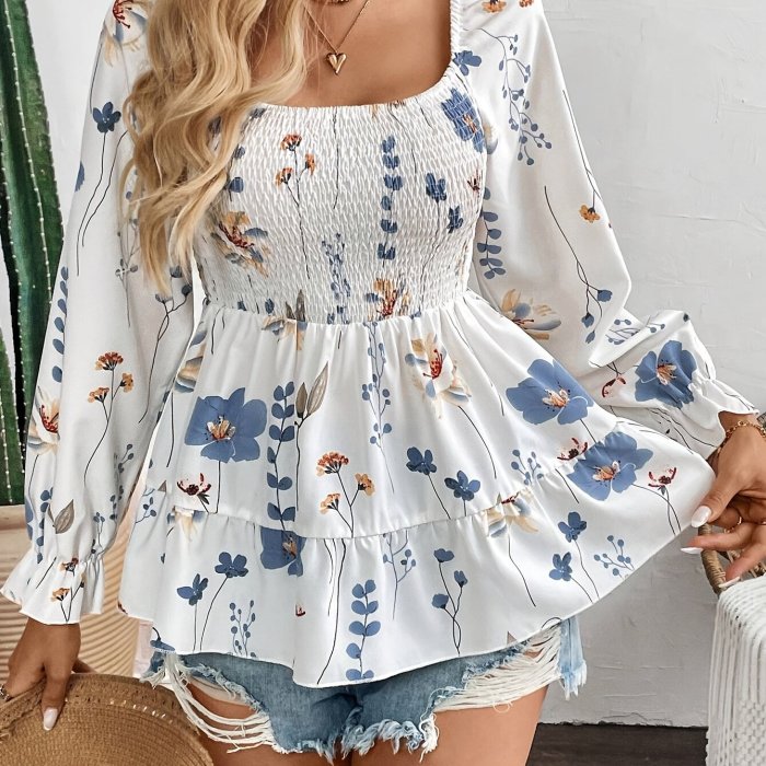 Elegant Floral Print Long Sleeve Blouse for Women - Chic Lantern Sleeves, Square Neckline, Perfect for Fall & Winter