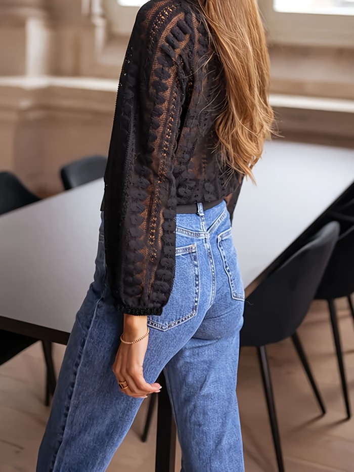 1pc Elegant Lace Long Sleeve Women'S Shirt - 100% Polyester Knit Fabric, Solid Color, Crew Neck, Loose Fit, Versatile Spring\u002FFall Top