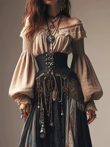 1pc Vintage Style Off-the-Shoulder Lantern Sleeve Pleated Blouse - Polyester Fabric, Solid Color, All-Season Adult Shirt with Lace Detailing
