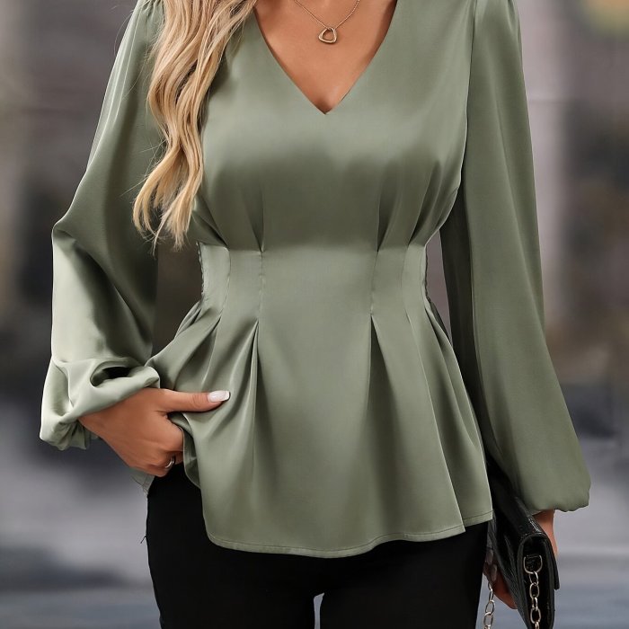 1pc Elegant V-Neck Long Sleeve Pleated Blouse, Solid Color Polyester ...