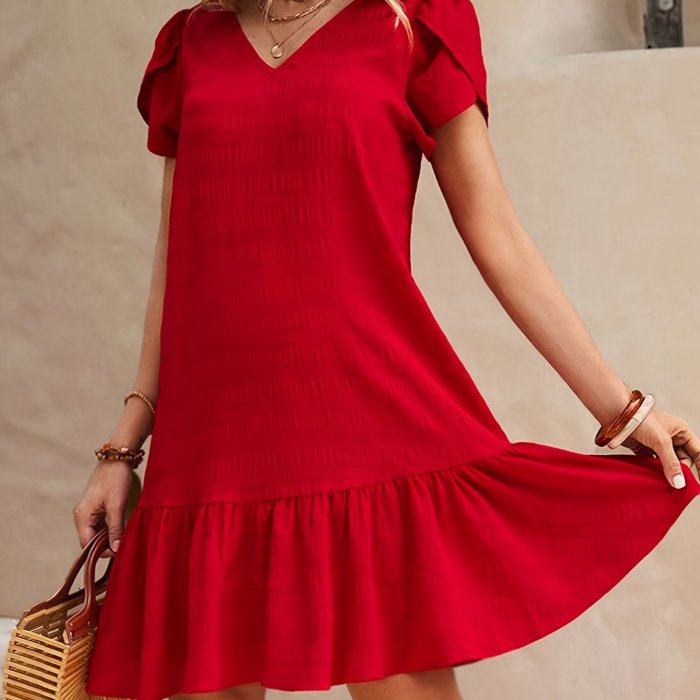 Chic Ruffle Hem V Neck Loose Fit Dress - Women's Casual Short Sleeve Dresses for Spring & Summer - Breathable, Comfortable, and Flattering Clothing for Ladies