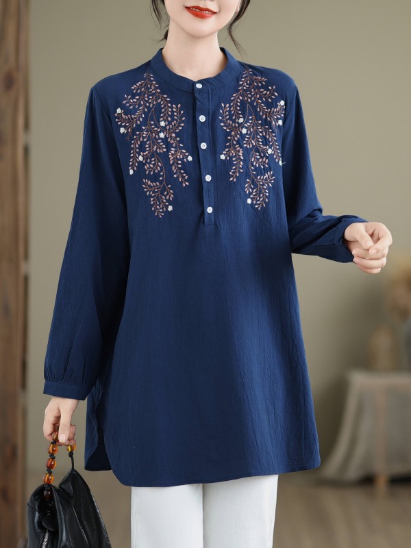 1pc Elegant Embroidered Polyester Crew Neck Long Sleeve Shirt for Women - Casual Loose Fit Top with Stand Collar, All-Season Woven Blouse
