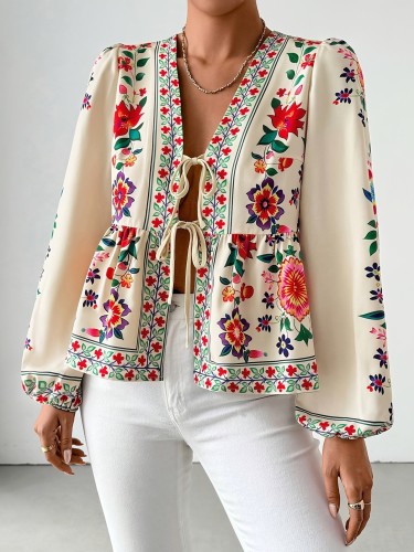 Elegant Floral Print Blouse for Women - Tie-Front, Long Sleeve, V-Neck Top, Machine Washable - Perfect for Spring\u002FSummer\u002FFall
