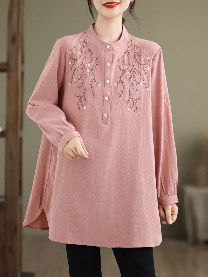 1pc Elegant Embroidered Polyester Crew Neck Long Sleeve Shirt for Women - Casual Loose Fit Top with Stand Collar, All-Season Woven Blouse