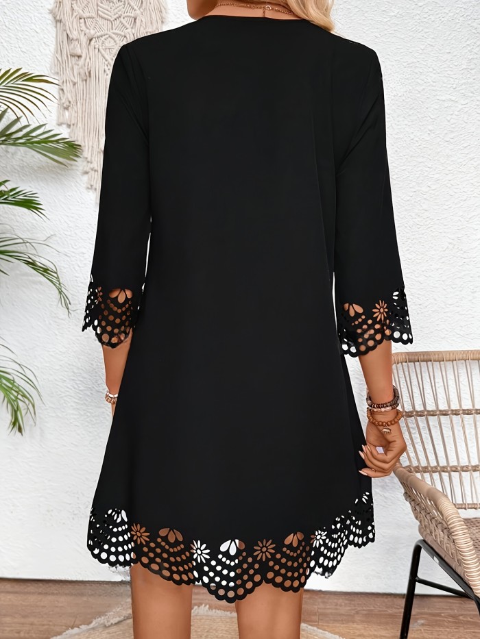 Women'S Elegant A-Line Hollow Out Knee-Length Dress, Polyester 100%, V-Neck, Three Quarter Sleeves, Loose Fit, Solid Color, Spring\u002FSummer\u002FFall Fashion