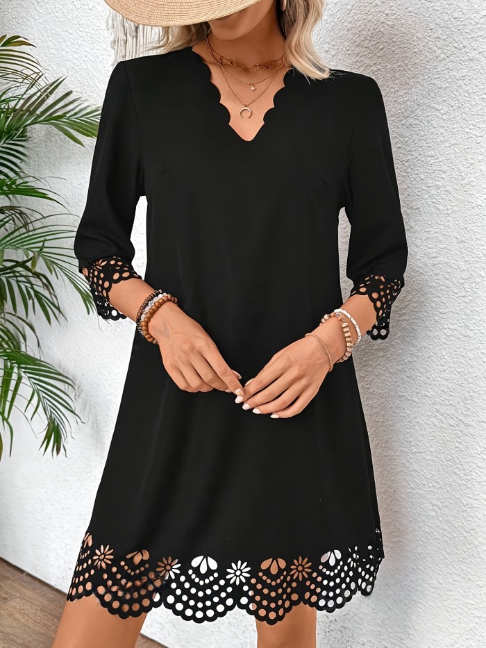 Women'S Elegant A-Line Hollow Out Knee-Length Dress, Polyester 100%, V-Neck, Three Quarter Sleeves, Loose Fit, Solid Color, Spring\u002FSummer\u002FFall Fashion