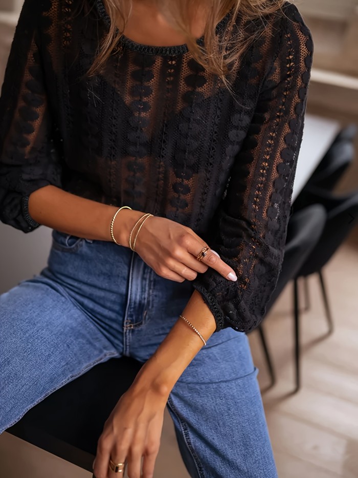 1pc Elegant Lace Long Sleeve Women'S Shirt - 100% Polyester Knit Fabric, Solid Color, Crew Neck, Loose Fit, Versatile Spring\u002FFall Top