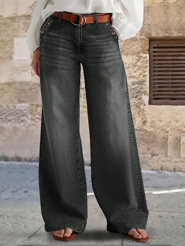 Ladies' Casual Loose Denim Wide Leg Pants, With A Built-in Zipper At The Mid Waist And Durable Practical Pockets For Comfortable Daily Wear