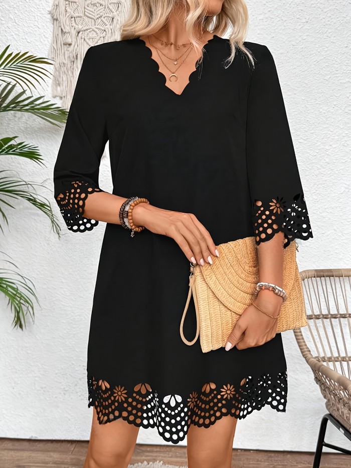 Women'S Elegant A-Line Hollow Out Knee-Length Dress, Polyester 100%, V-Neck, Three Quarter Sleeves, Loose Fit, Solid Color, Spring\u002FSummer\u002FFall Fashion