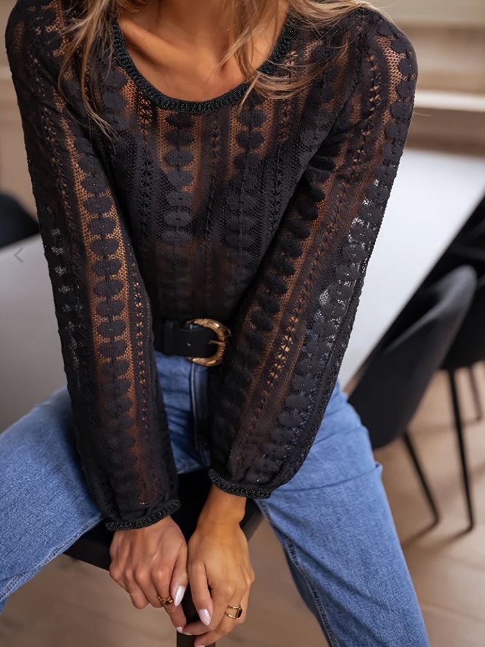 1pc Elegant Lace Long Sleeve Women'S Shirt - 100% Polyester Knit Fabric, Solid Color, Crew Neck, Loose Fit, Versatile Spring\u002FFall Top