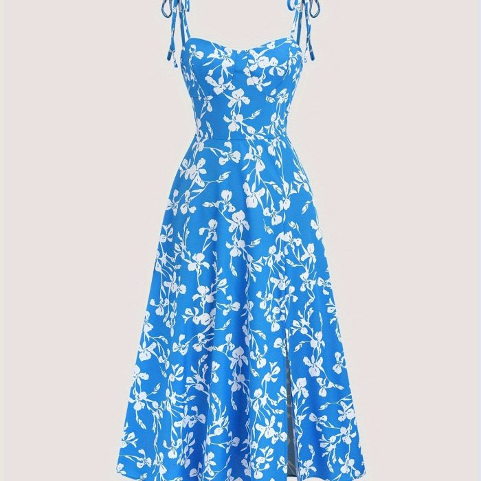 Chic Y2K Floral Off-Shoulder Midi Dress for Women - Blue with White Flowers, Tie-Detail Straps, Polyester, Machine Washable - Perfect for Summer
