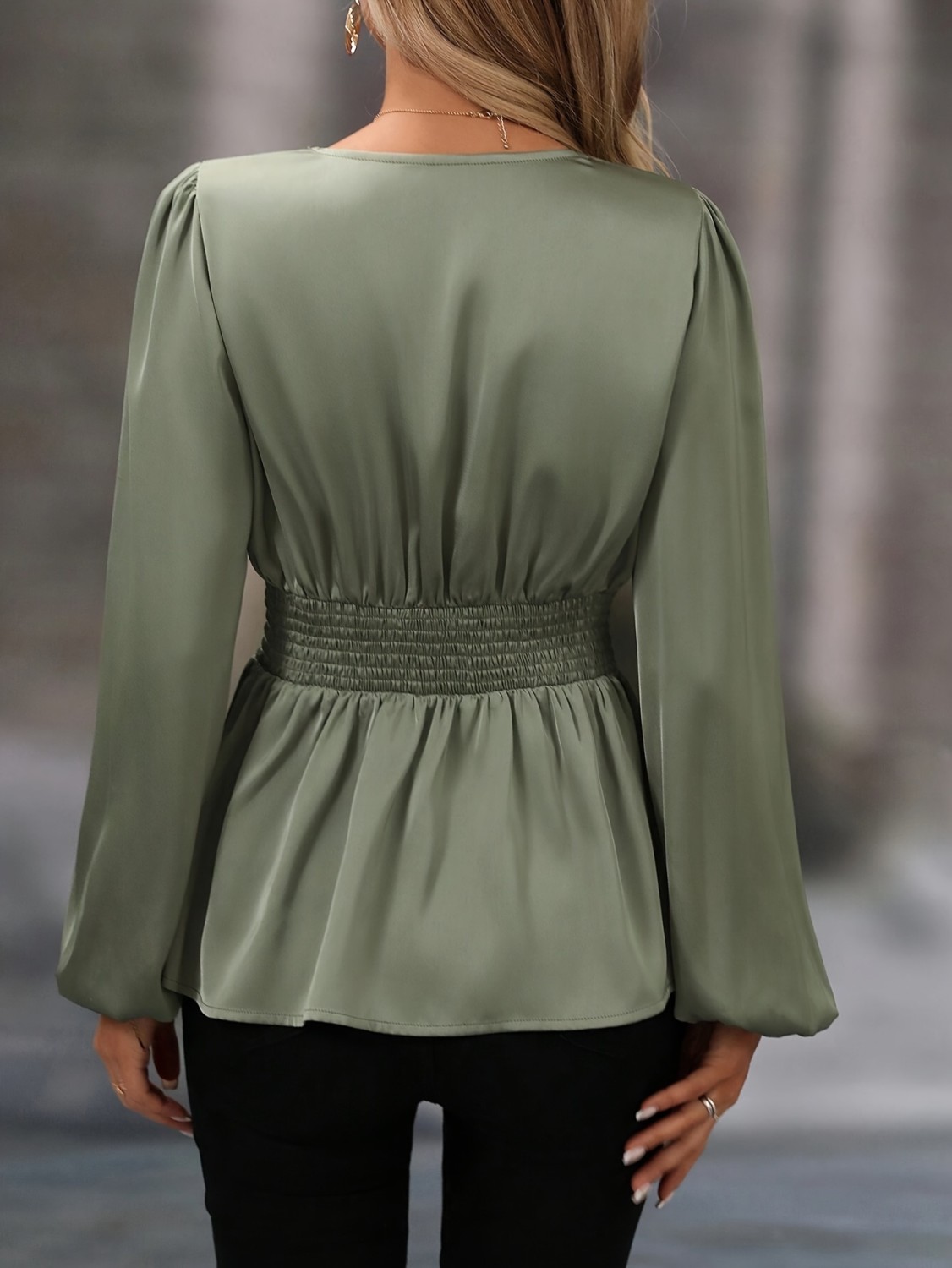 1pc Elegant V-Neck Long Sleeve Pleated Blouse, Solid Color Polyester ...