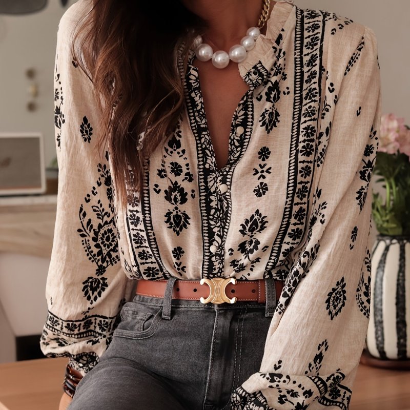 Beige printed loose fit top, versatile and slim looking lantern sleeves for outerwear shirt