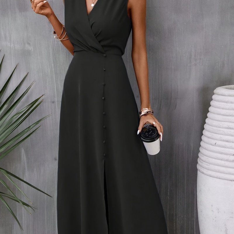 Women'S Solid Color V-Neck Sleeveless Long Dress, Polyester 100% Tunic with Button Detail, Trapeze Hem, Fit and Flare Silhouette for Summer - H & Skinny Fit, 180g Woven Fabric, No Belt, ZD111304