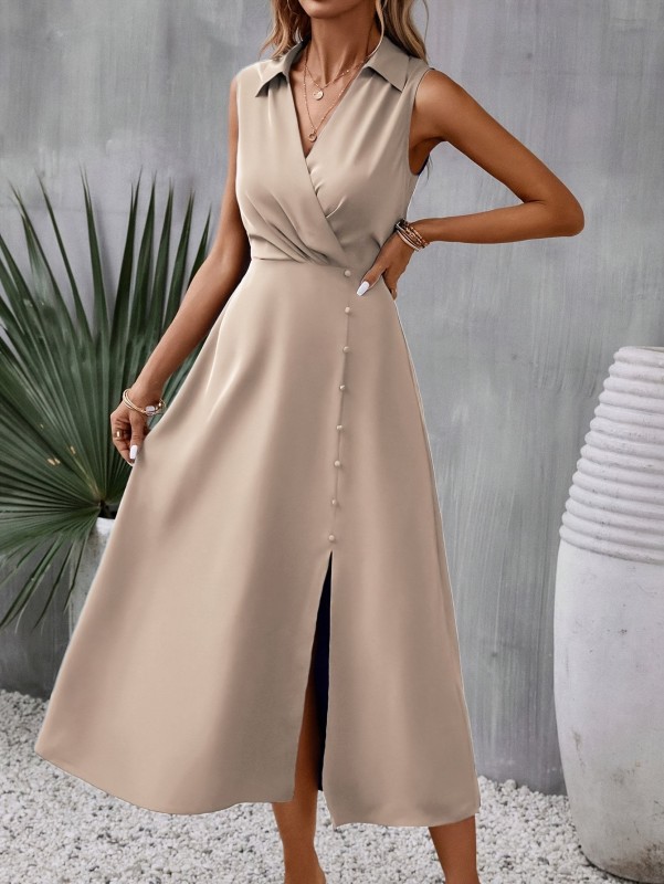 Women'S Solid Color V-Neck Sleeveless Long Dress, Polyester 100% Tunic with Button Detail, Trapeze Hem, Fit and Flare Silhouette for Summer - H & Skinny Fit, 180g Woven Fabric, No Belt, ZD111304