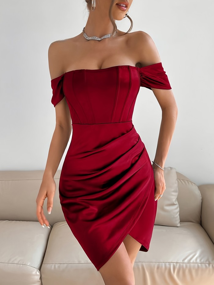 1pc Elegant Off-the-Shoulder Bodycon Dress for Women, 95% Polyester 5% Spandex, Solid Color, All-Season Knit Fabric with Draped Detail and Asymmetrical Hem