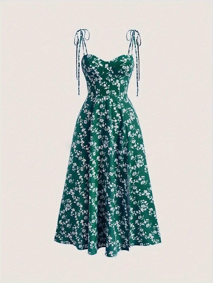 Chic Y2K Floral Off-Shoulder Midi Dress for Women - Blue with White Flowers, Tie-Detail Straps, Polyester, Machine Washable - Perfect for Summer