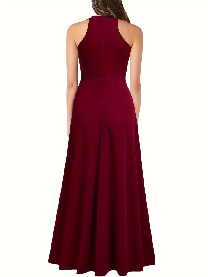 Elegant High Waist Split Thigh Maxi Dress - Women's Party & Banquet Dresses with Sleeveless Crew Neck Design, Flowy Silhouette, and Comfortable Wear - Perfect for Formal Occasions