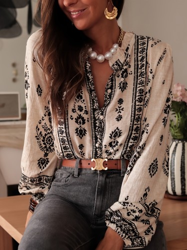 Beige printed loose fit top, versatile and slim looking lantern sleeves for outerwear shirt
