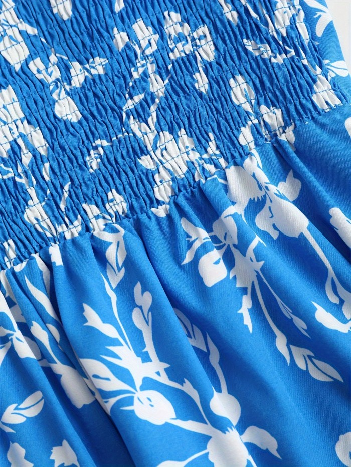 Chic Y2K Floral Off-Shoulder Midi Dress for Women - Blue with White Flowers, Tie-Detail Straps, Polyester, Machine Washable - Perfect for Summer