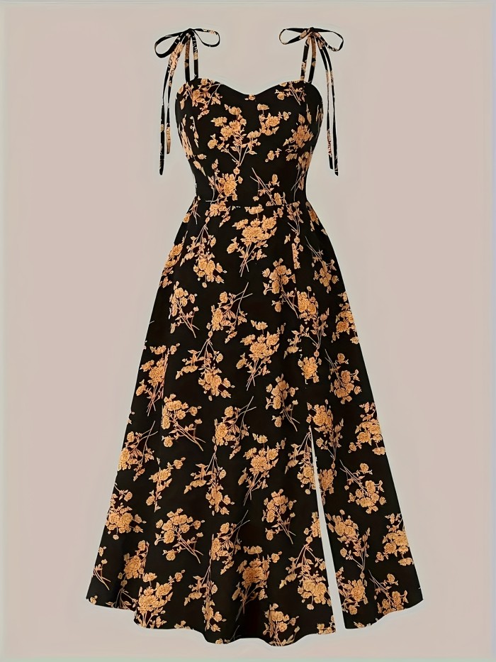 Chic Y2K Floral Off-Shoulder Midi Dress for Women - Blue with White Flowers, Tie-Detail Straps, Polyester, Machine Washable - Perfect for Summer