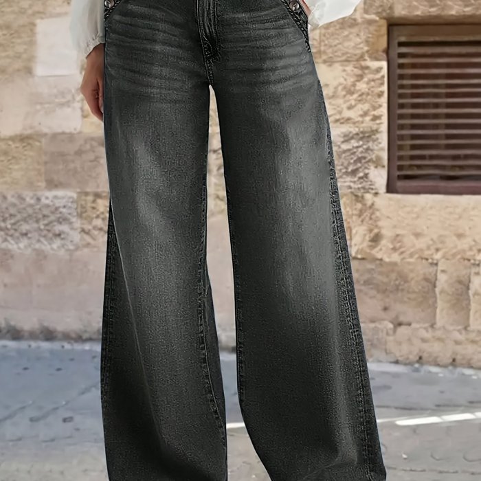 Ladies' Casual Loose Denim Wide Leg Pants, With A Built-in Zipper At The Mid Waist And Durable Practical Pockets For Comfortable Daily Wear