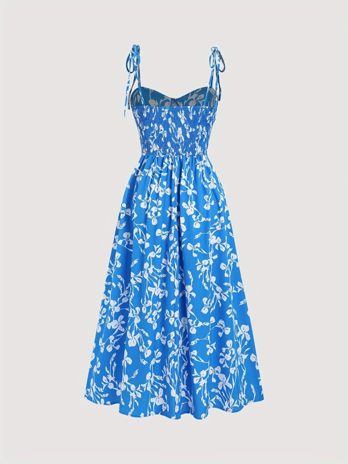 Chic Y2K Floral Off-Shoulder Midi Dress for Women - Blue with White Flowers, Tie-Detail Straps, Polyester, Machine Washable - Perfect for Summer