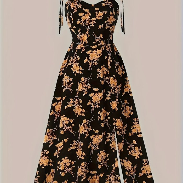 Chic Y2K Floral Off-Shoulder Midi Dress for Women - Blue with White Flowers, Tie-Detail Straps, Polyester, Machine Washable - Perfect for Summer