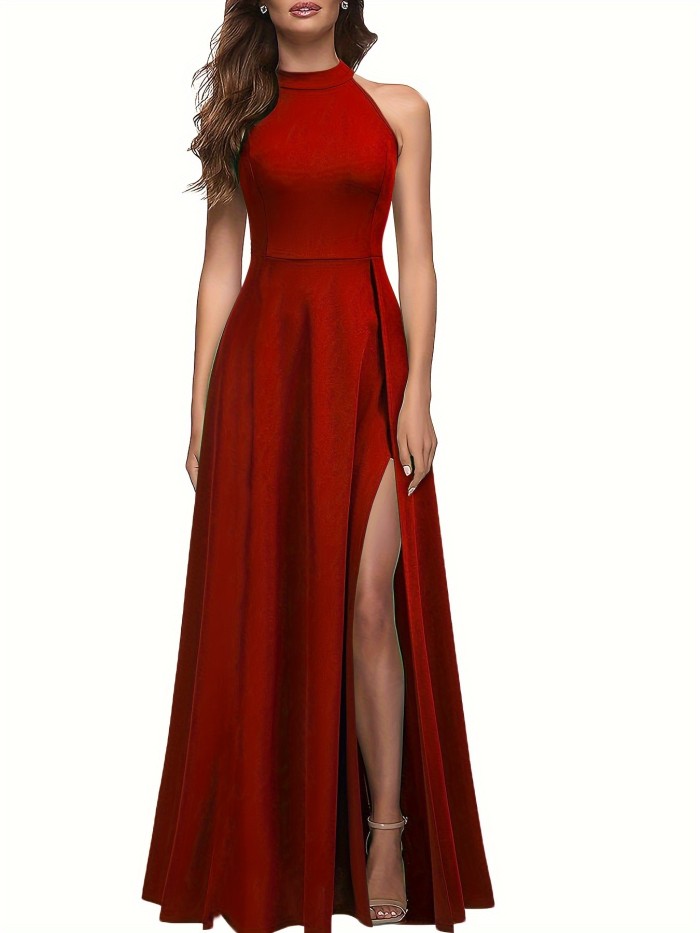 Elegant High Waist Split Thigh Maxi Dress - Women's Party & Banquet Dresses with Sleeveless Crew Neck Design, Flowy Silhouette, and Comfortable Wear - Perfect for Formal Occasions