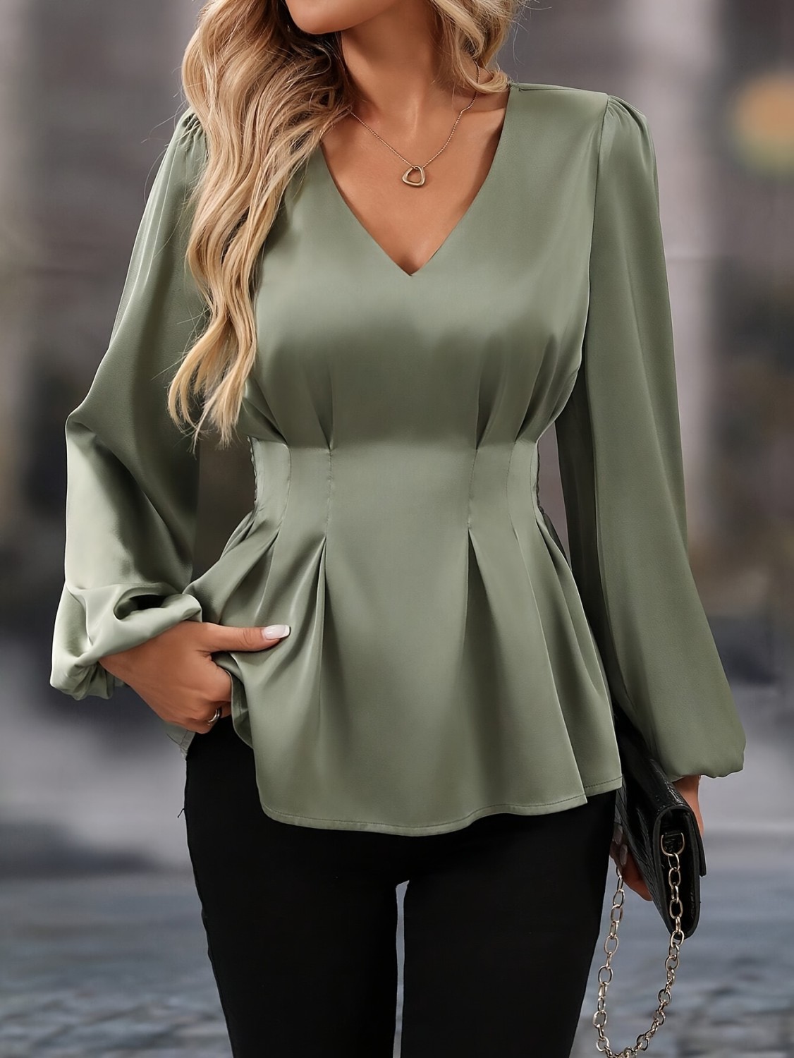 1pc Elegant V-Neck Long Sleeve Pleated Blouse, Solid Color Polyester ...