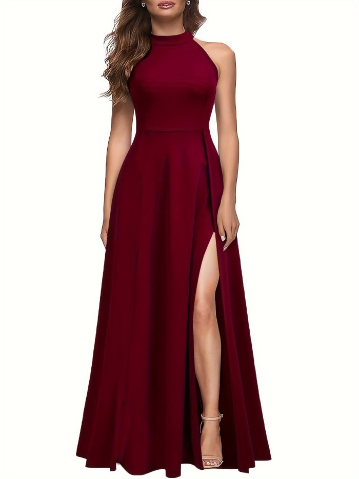 Elegant High Waist Split Thigh Maxi Dress - Women's Party & Banquet Dresses with Sleeveless Crew Neck Design, Flowy Silhouette, and Comfortable Wear - Perfect for Formal Occasions