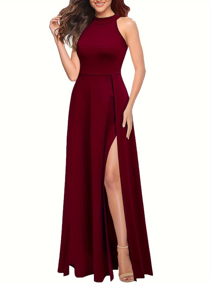 Elegant High Waist Split Thigh Maxi Dress - Women's Party & Banquet Dresses with Sleeveless Crew Neck Design, Flowy Silhouette, and Comfortable Wear - Perfect for Formal Occasions