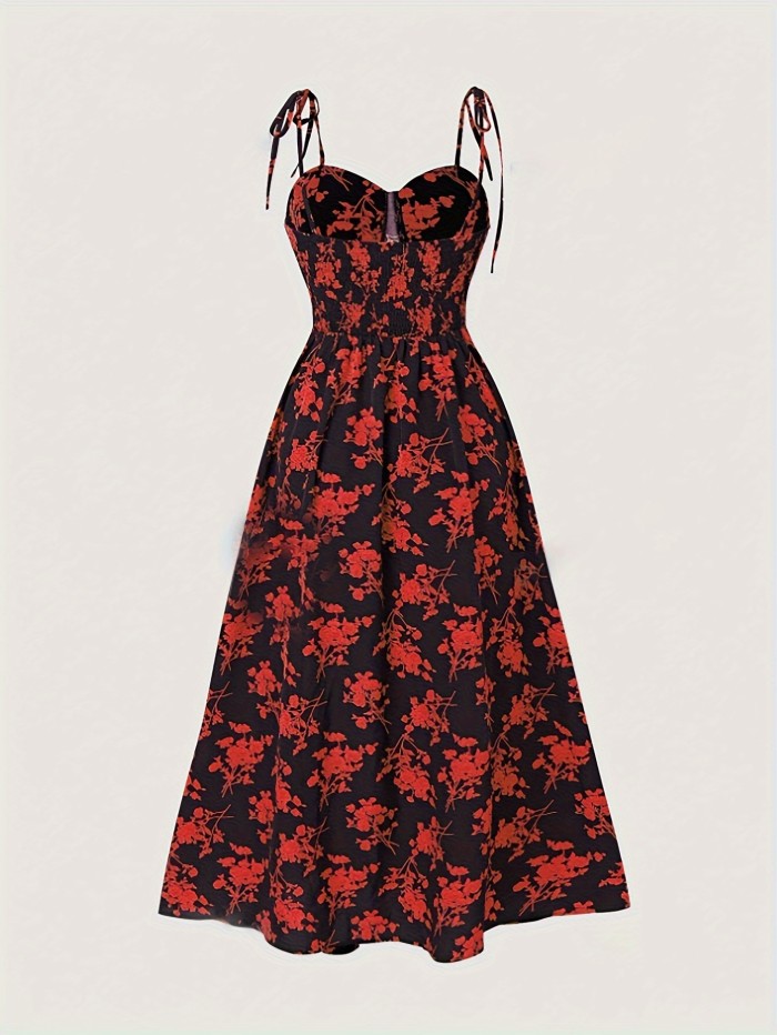 Chic Y2K Floral Off-Shoulder Midi Dress for Women - Blue with White Flowers, Tie-Detail Straps, Polyester, Machine Washable - Perfect for Summer