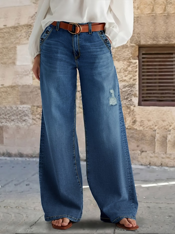 Ladies' Casual Loose Denim Wide Leg Pants, With A Built-in Zipper At The Mid Waist And Durable Practical Pockets For Comfortable Daily Wear