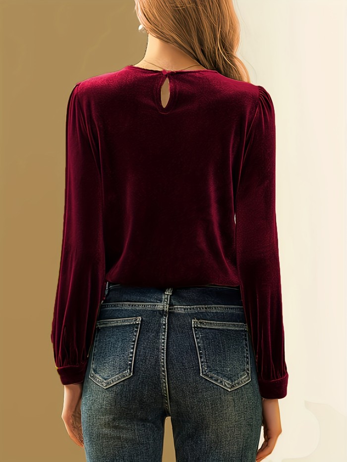 Elegant Women's Green Velvet Long Sleeve Blouse - Chic Crew Neck, Ribbed Detail, Machine Washable, Polyester & Spandex Blend, Versatile All-Season Top