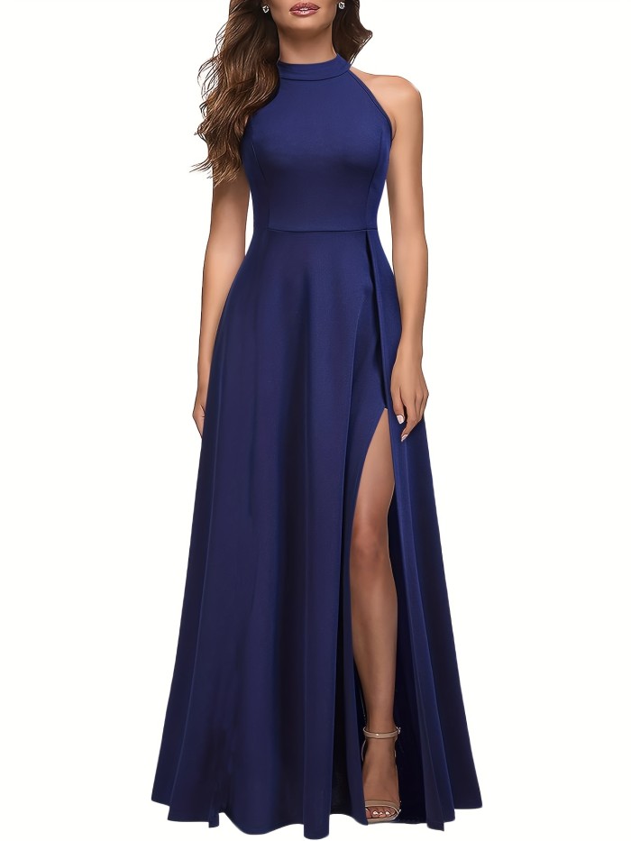 Elegant High Waist Split Thigh Maxi Dress - Women's Party & Banquet Dresses with Sleeveless Crew Neck Design, Flowy Silhouette, and Comfortable Wear - Perfect for Formal Occasions