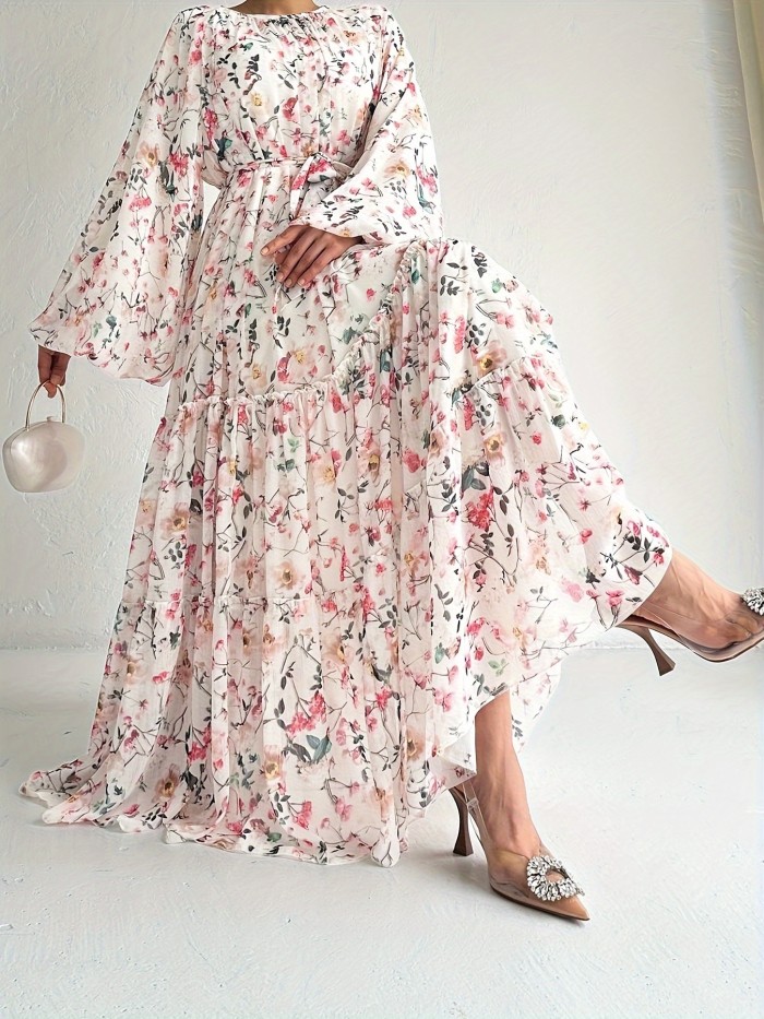 Women's Floral Maxi Kaftan Dress - Elegant Long Sleeve Design, Comfortable Crew Neck, Perfect for Casual and Formal Occasions