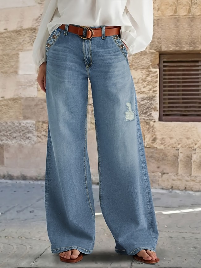 Ladies' Casual Loose Denim Wide Leg Pants, With A Built-in Zipper At The Mid Waist And Durable Practical Pockets For Comfortable Daily Wear