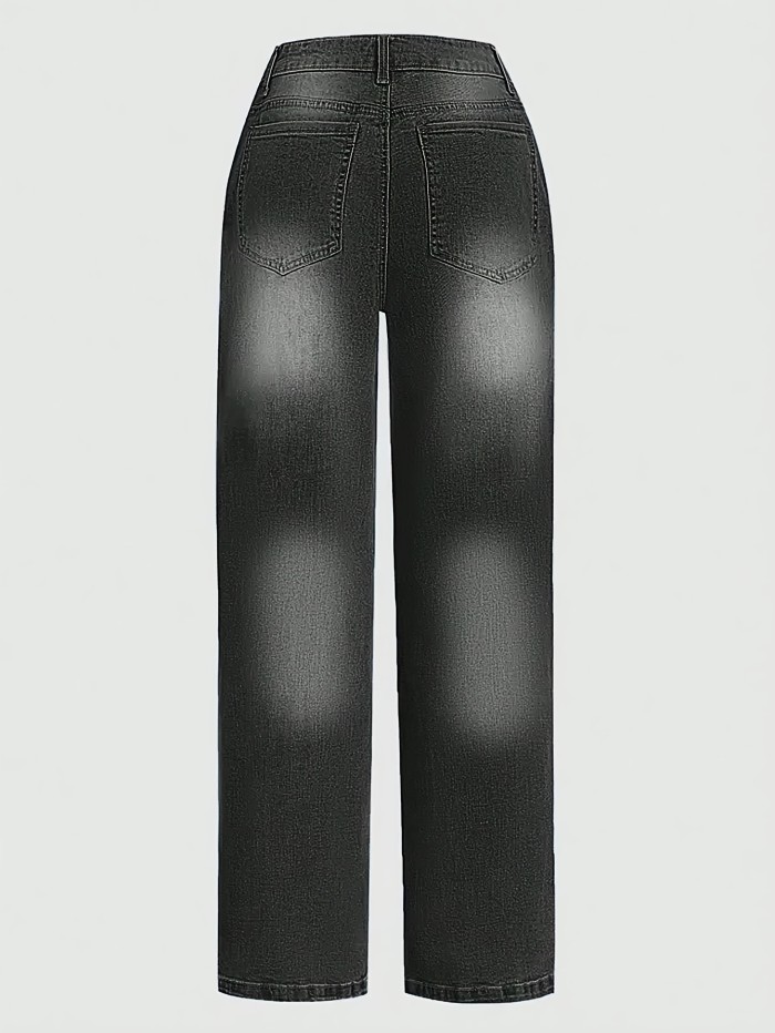 Ladies' Casual Loose Denim Wide Leg Pants, With A Built-in Zipper At The Mid Waist And Durable Practical Pockets For Comfortable Daily Wear