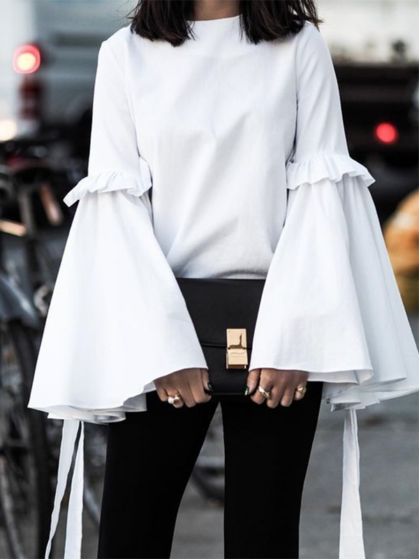 Flared Sleeves Loose Ruffled Solid Color Split-Joint Round-Neck T-Shirts Tops