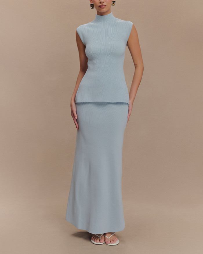 Elegant Backless Knit Vest & Skirt Two-Piece Set