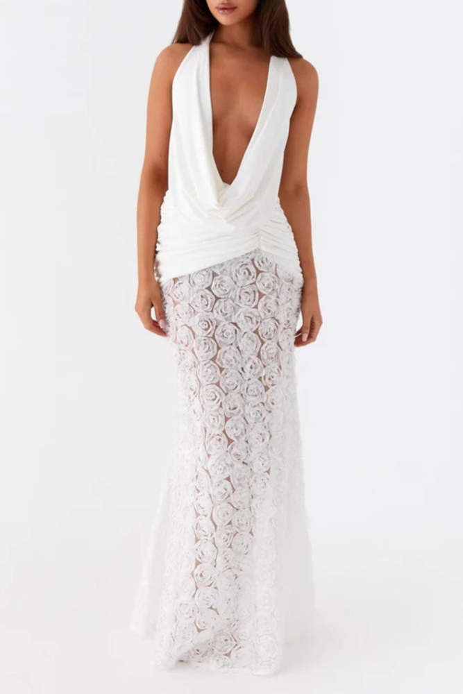 Sexy Flowers Lace Up Backless Halter Long Dresses